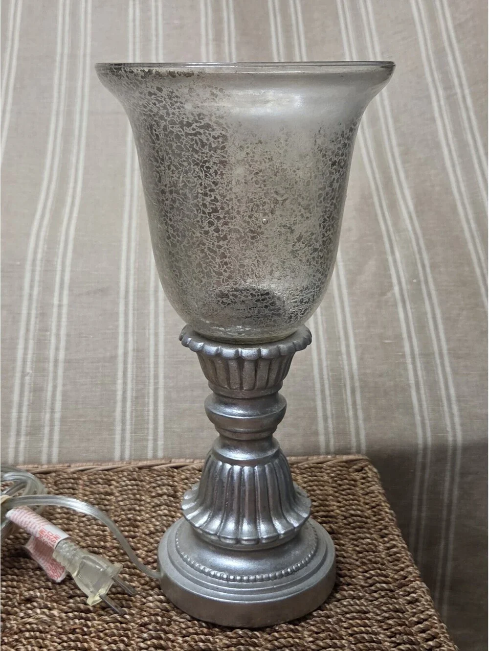 Vintage Mercury Glass Ornate Silver Base Hurricane Lamp 12x6